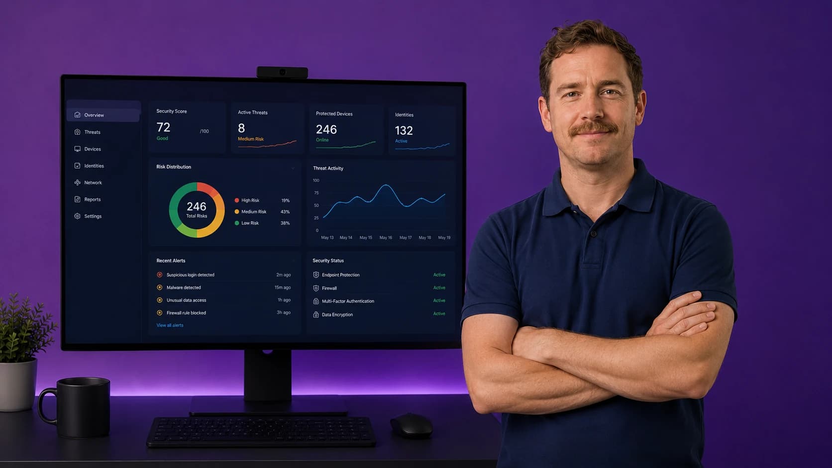 Security consultant beside cyber security dashboard