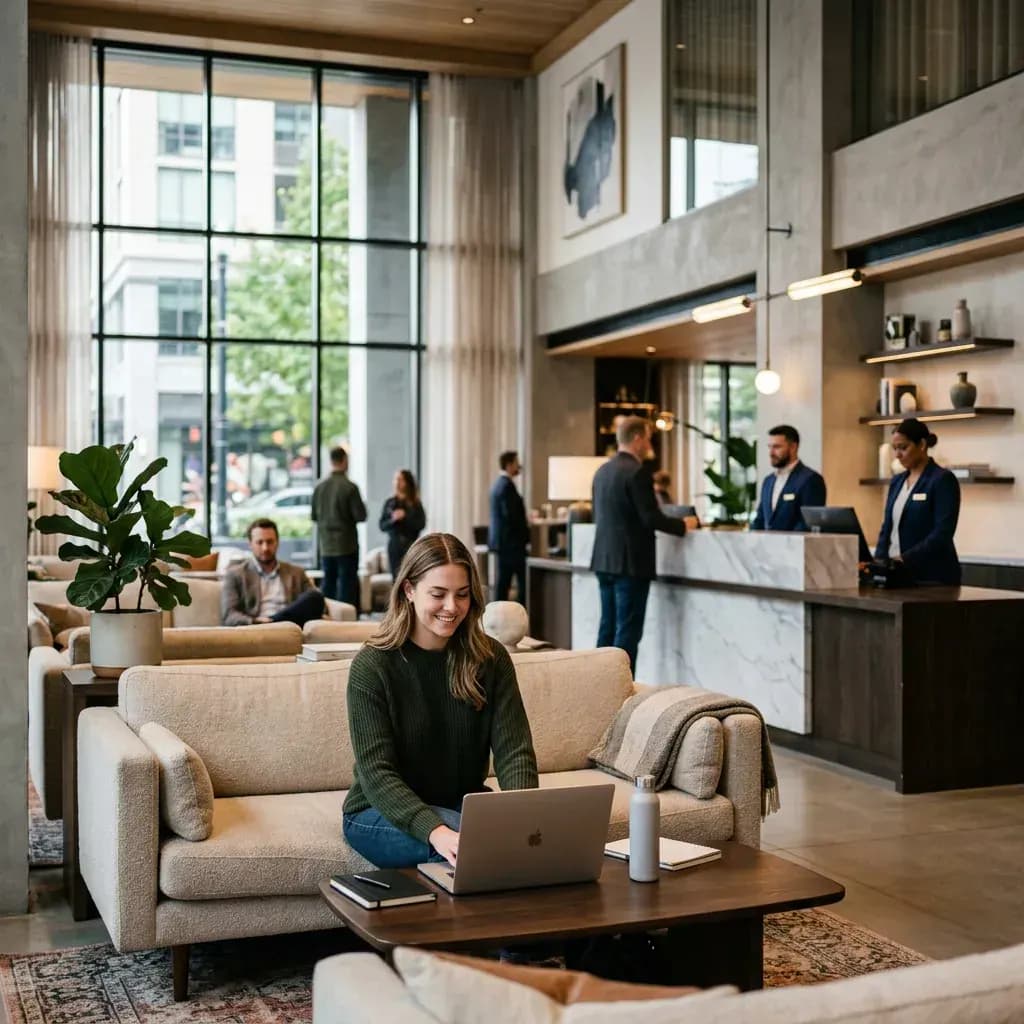Guest enjoying hotel lobby Wi-Fi