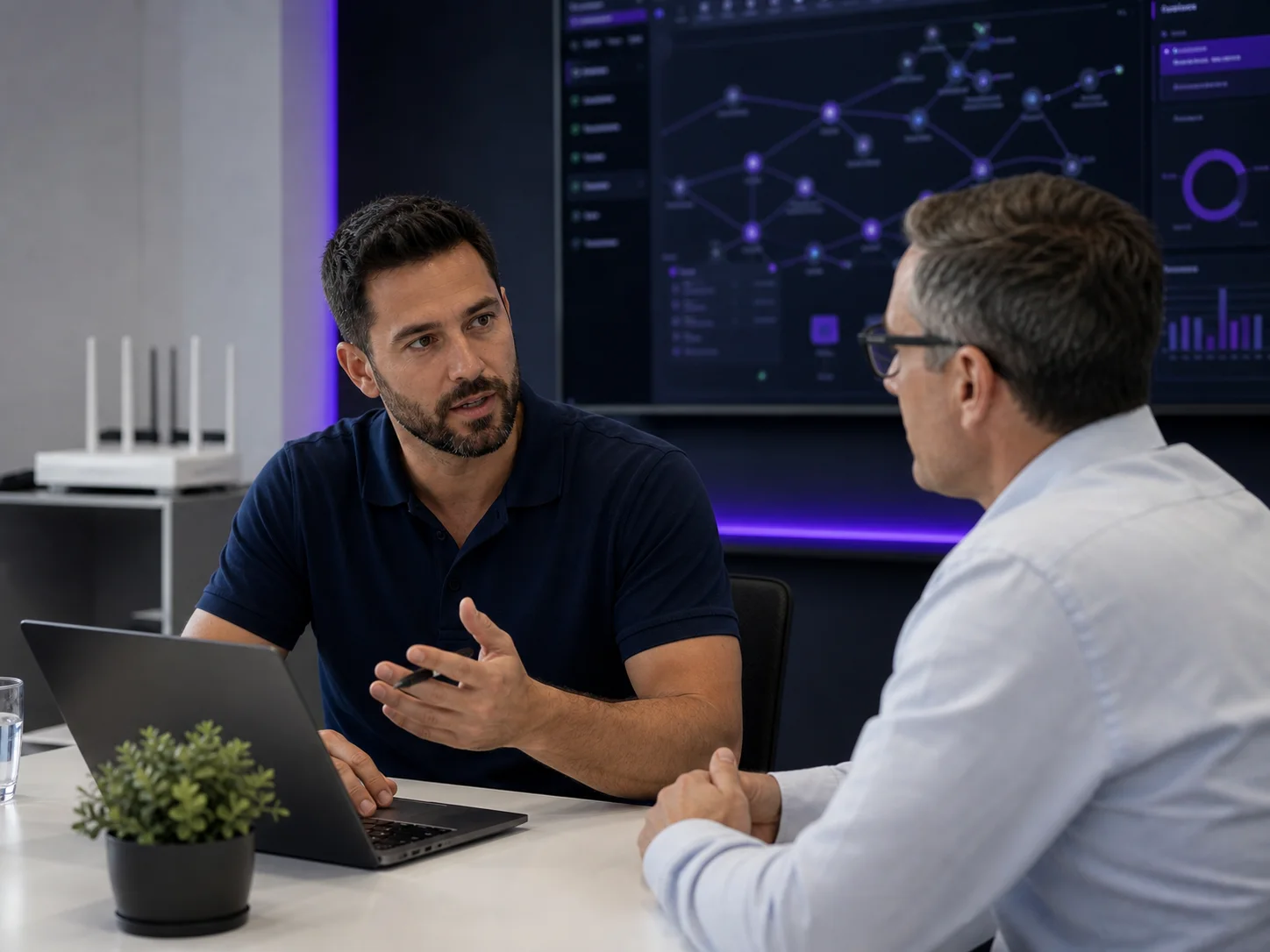 C9 connectivity engineer reviewing Business nbn router, WiFi, support and failover planning with a business owner