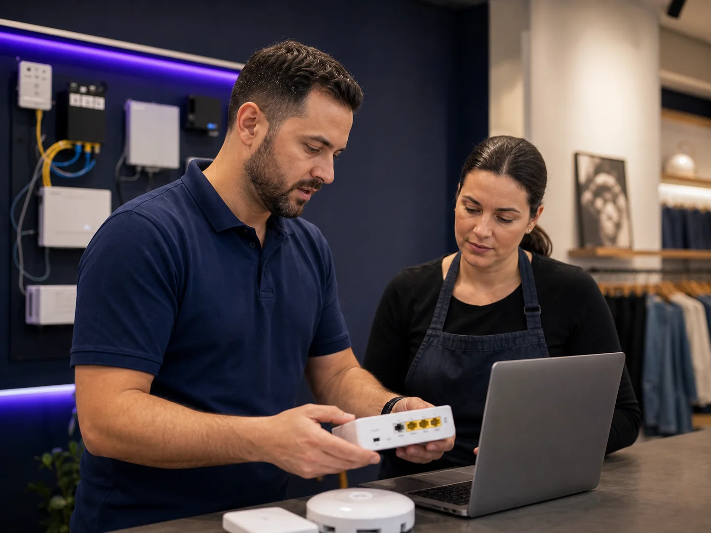 C9 field technician helping a retail store manager configure Business nbn router and WiFi equipment before store opening